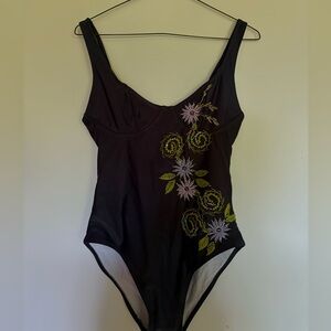 Navy Blue Hand embroidered Floral Swimsuit